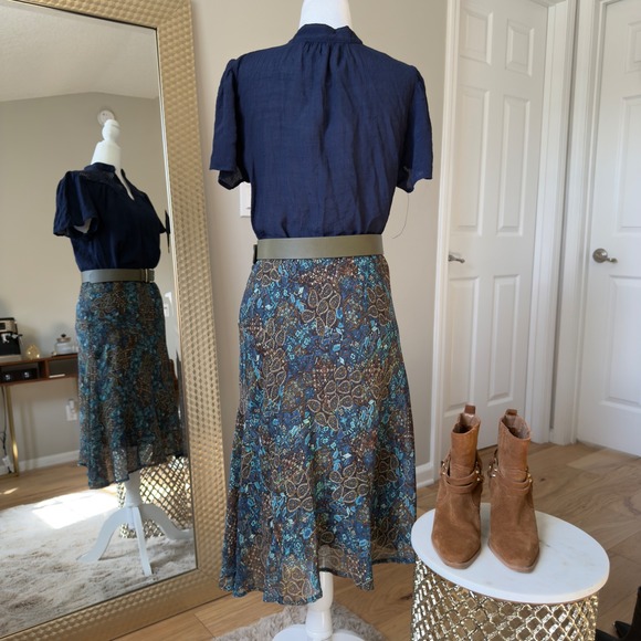 Cato Midi Skirt Blue Brown Paisley Print Elastic Waist Sheer Overlay Size S - Picture 3 of 7